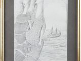 drawing of a woman and a man on a boat in the water