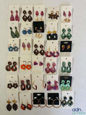 un gros plan sur un lot de boucles d'oreilles accrochées à un mur