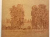 dessin représentant un paysage avec des arbres et un champ au premier plan