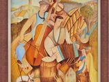 une peinture à l'huile représentant un groupe de personnes jouant de la musique dans un champ