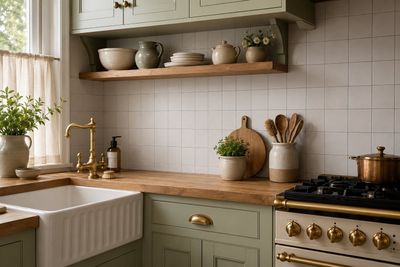 une cuisine avec des placards verts et un évier blanc