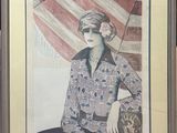 painting of a woman sitting in front of an american flag