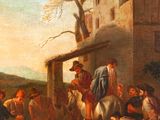 painting of a group of men riding horses in front of a building