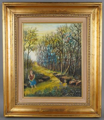 a painting of a woman sitting on a log in the woods