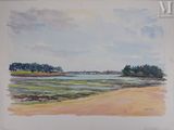aquarelle représentant une vue sur une plage et un plan d'eau