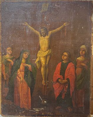 un vieux tableau représentant Jésus sur la croix, entouré d'autres personnes