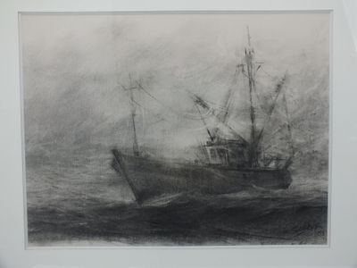 dessin représentant un bateau de pêche en pleine mer agitée, d'où s'échappe de la fumée