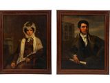 deux tableaux représentant un homme et une femme en tenue de cérémonie
