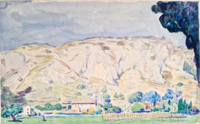 une aquarelle représentant un paysage avec une montagne en arrière-plan