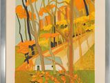 une image représentant un tableau avec des arbres et un banc dans un parc