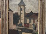 an oil painting of a clock tower in a town with a bridge