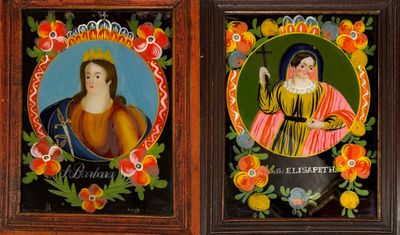 two framed pictures of a woman and a man in renaissance dress