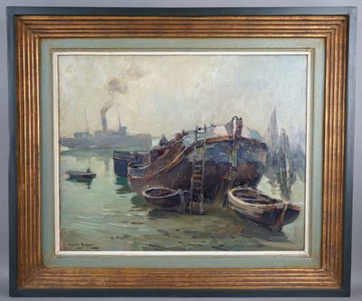 an oil painting of boats in the water near a dock