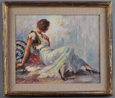 painting of a woman in a white dress sitting on a chair