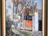 an oil painting of a house with a tree in front of it