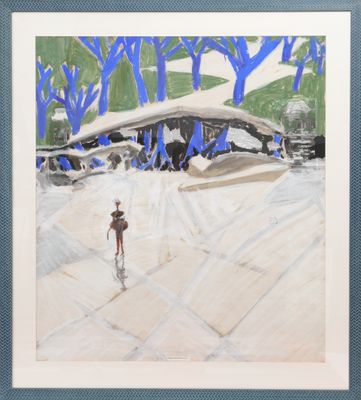 painting of a person riding a bike on a snowy street