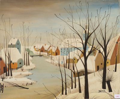 une image représentant un tableau représentant un paysage hivernal avec des maisons et une rivière