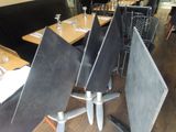 a table with a bunch of chairs that are set up in a restaurant