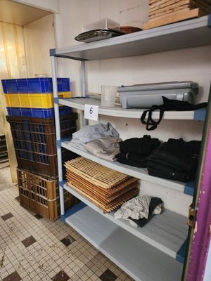 a room that has a bunch of shelves and boxes on it