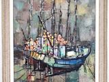 an oil painting of a boat with people on it in the water