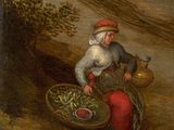 an image of a painting of a woman with a basket of fish