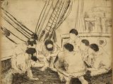 dessin représentant un groupe de personnes assises sur le pont d'un bateau