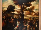 a painting of a group of people in a wooded landscape