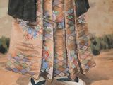 a painting of a man in a kimono standing in front of a wall