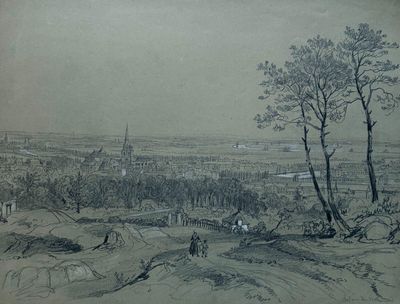 dessin représentant une vue d'une ville avec une église au loin