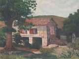 painting of a house in a rural setting with a tree in the foreground