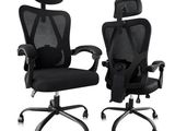 pair of black office chairs with headrests and armrests
