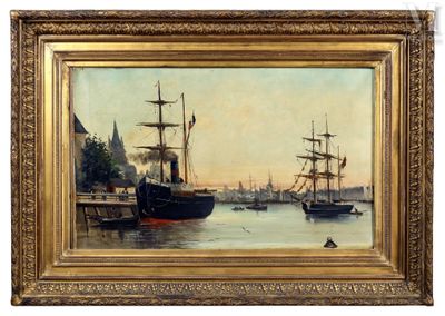 une peinture à l'huile représentant une scène portuaire avec des bateaux dans l'eau