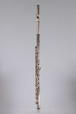 the flute is sitting on a clear stand on a white surface