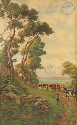 painting of a man walking down a dirt road with cows in the distance