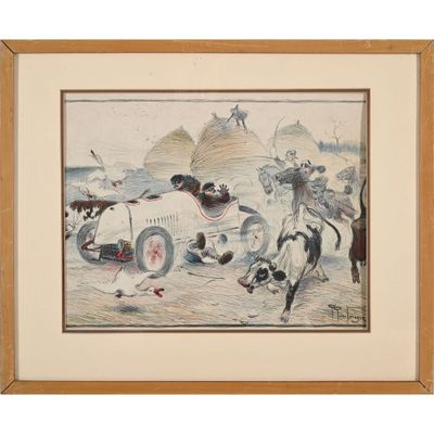 une image représentant un tableau où l'on voit une voiture de course tirée par deux chiens