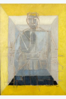 an image of a painting of a man sitting in a box