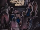 painting of a group of naked people watching a television in a dark room