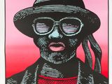 poster of a man with a hat and glasses on a red background