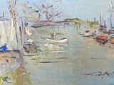 a painting of boats on the water in a harbor