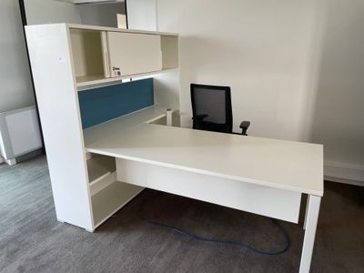 a white desk with a computer on it in a room