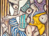 tableau représentant un groupe de personnes assises sur un canapé, parmi lesquelles un homme tenant un bébé dans ses bras