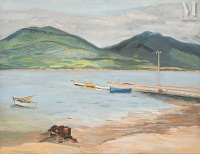 un tableau représentant des bateaux sur l'eau, près du rivage