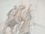 a drawing of a man riding a horse on the street