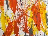 an abstract painting of orange and yellow paint on a white background