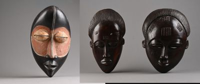 trois vues différentes d'un masque en bois comportant deux visages