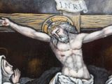 a painting of jesus on the cross with other people