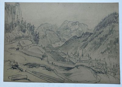dessin au crayon représentant un paysage de montagne avec une rivière et des montagnes en arrière-plan