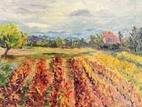 a painting of a field with a tree and a house in the distance