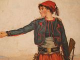 painting of a man in a red and blue outfit holding his arm out to the side