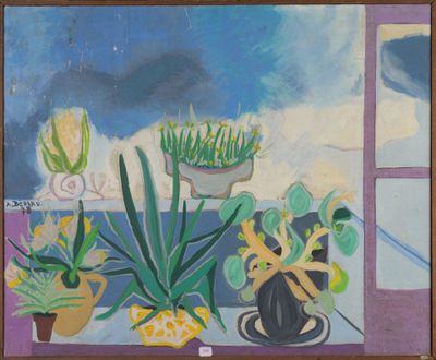 une peinture représentant une plante en pot devant une fenêtre
